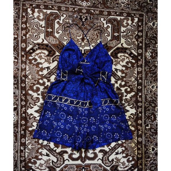 Sunner Blue Batik Silk Spaghetti Strap Romper sz S - Picture 4 of 5